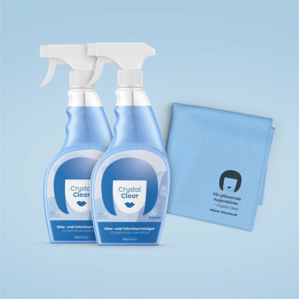 1+1 gratis - Crystal Clear - 2 befüllte Sprühflaschen mit Glas- und Poliertuch