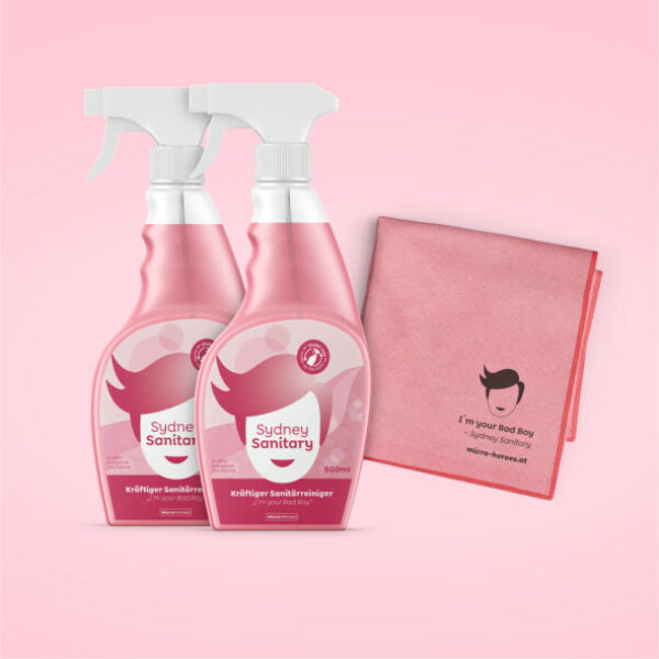 1+1 gratis – Sydney Sanitary – 2 befüllte Sprühflaschen mit Mikrofasertuch